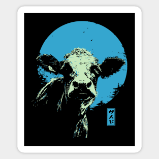 Cute Cow Calf Japanese Art | Blue & Green Farm Ukiyo-e Style Sticker